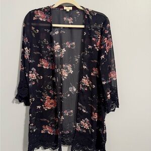 Floral Kimono Robe with Lace Trim